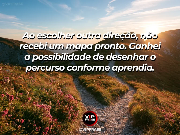 Frase de recomeço sobre desenhar outro percurso aos poucos, com cenário de encruzilhada de estradas rurais junto a flores silvestres sob céu azul.