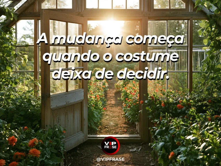 Arte com frase de recomeço sobre escolhas novas além do costume, em cenário de jardim e natureza iluminada.