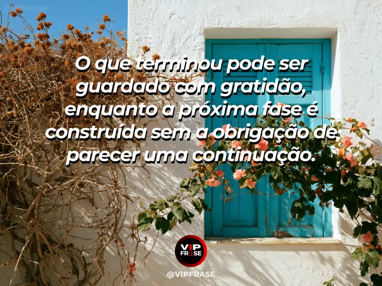 Frase de recomeço sobre gratidão pelo passado sem copiar a fase, com cenário de árvore antiga florida à beira de canteiro novo de flores coloridas.