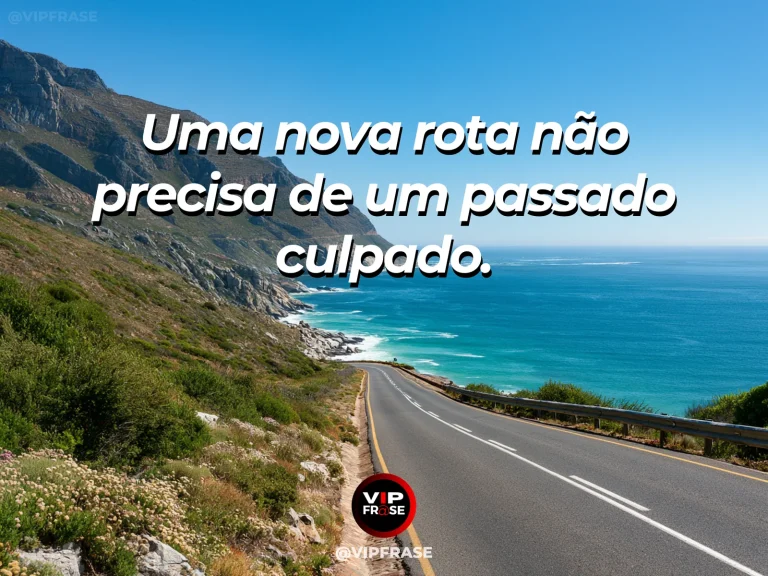 Frase de recomeço sobre mudar de rota sem culpa, com cenário de estrada costeira que muda de direção junto a campos floridos e céu azul.