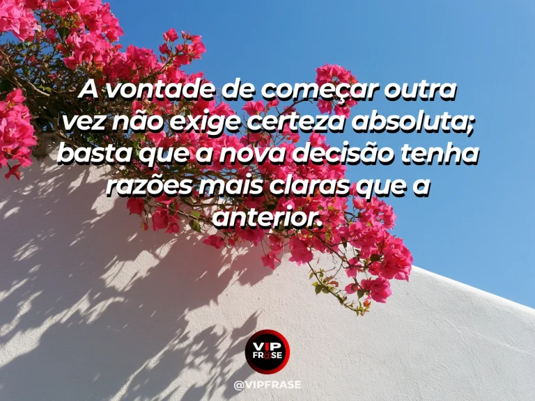 Frase de recomeço sobre nova decisão sem certeza absoluta, com cenário de porta de jardim aberta para vale luminoso e céu amplo.