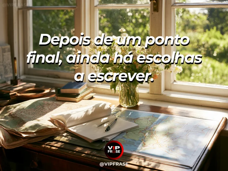 Arte com frase de recomeço sobre novas escolhas depois de um encerramento, em cenário de ambiente acolhedor com luz natural.