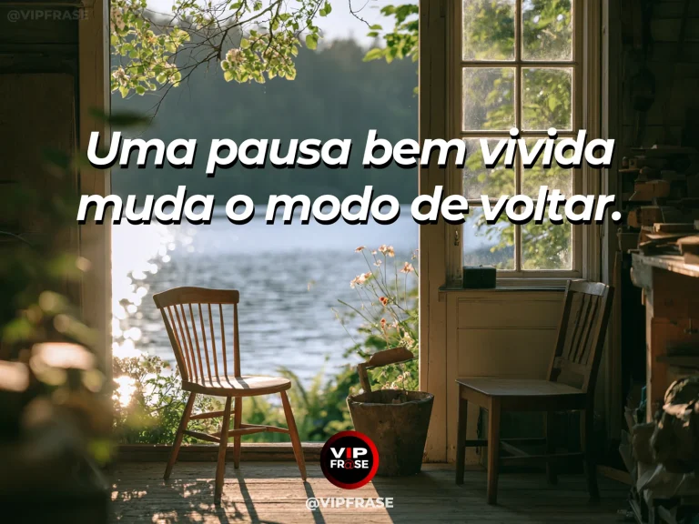Frase de recomeço sobre pausa que prepara a retomada, com cenário de banco tranquilo à beira de caminho florido que continua ao fundo.