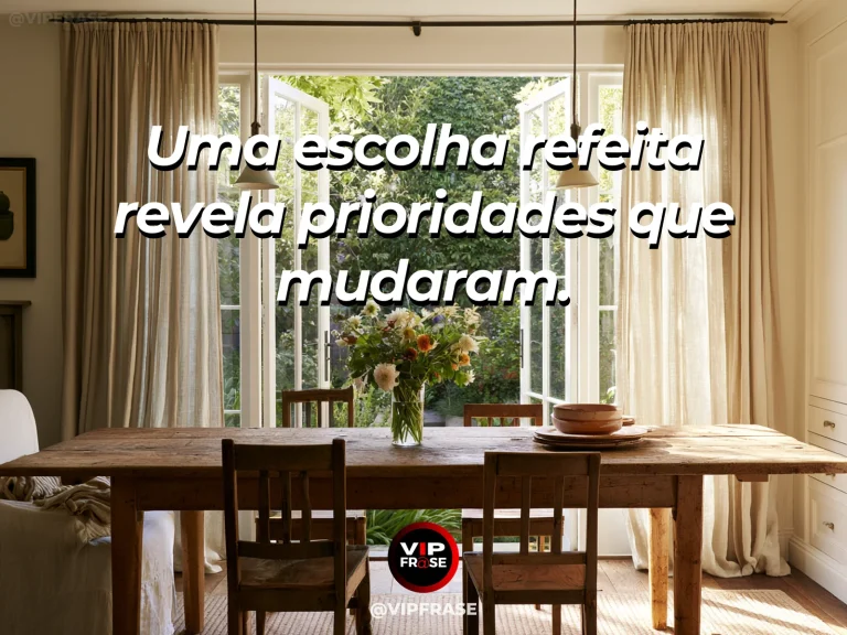 Frase de recomeço sobre prioridades renovadas, com cenário de prateleira reorganizada com vasos e livro fechado diante de janela clara.