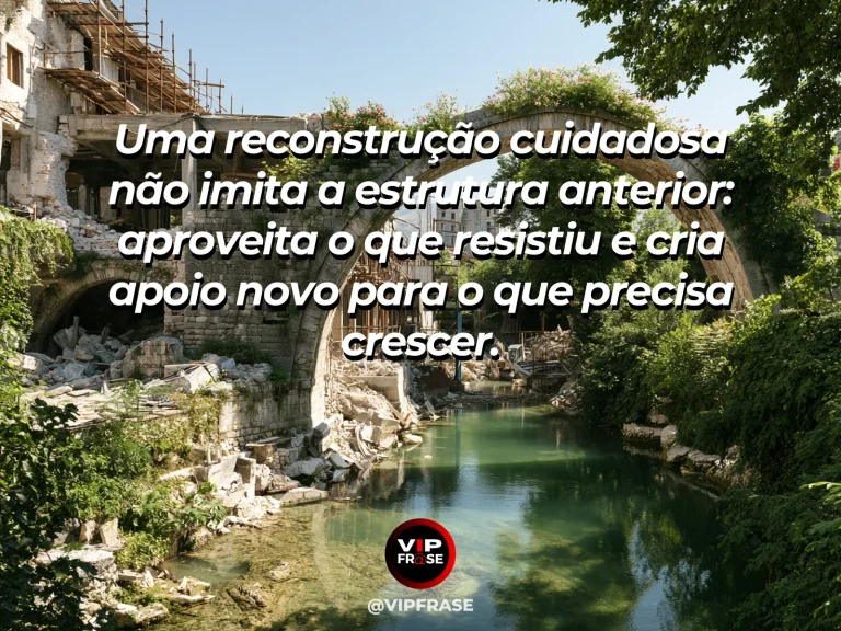 Frase de recomeço sobre reconstruir a partir do que resistiu, com cenário de casa de pedra com parte restaurada e jardim recém-plantado.