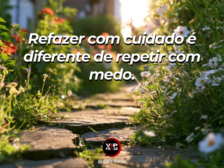 Frase de recomeço sobre refazer com atenção, com cenário de jardim sendo cuidadosamente replantado junto a pedras preservadas.