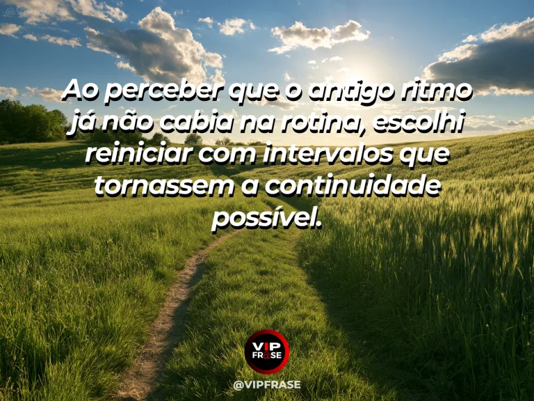 Frase de recomeço sobre reorganizar o ritmo para continuar, com cenário de caminho suave com pequenos bancos de descanso em jardim botânico ensolarado.