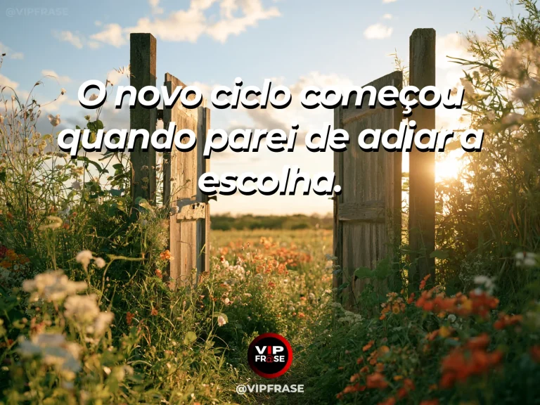Arte com frase de recomeço sobre uma decisão que inicia outra fase, em cenário de jardim e natureza iluminada.