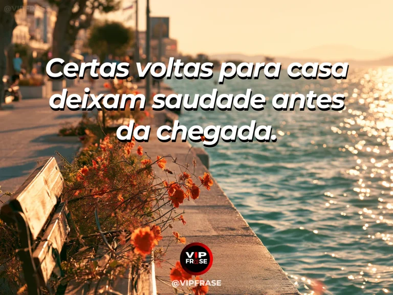Frase de saudade sobre a falta que mora na viagem de volta, com estrada de serra florida ao fim da tarde com horizonte dourado.