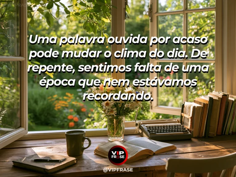 Arte de frase de saudade com livros antigos e flores sobre mesa de café à luz do sol.