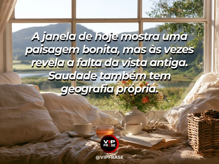 Arte de frase de saudade com janela aberta para colinas com flores ao amanhecer.