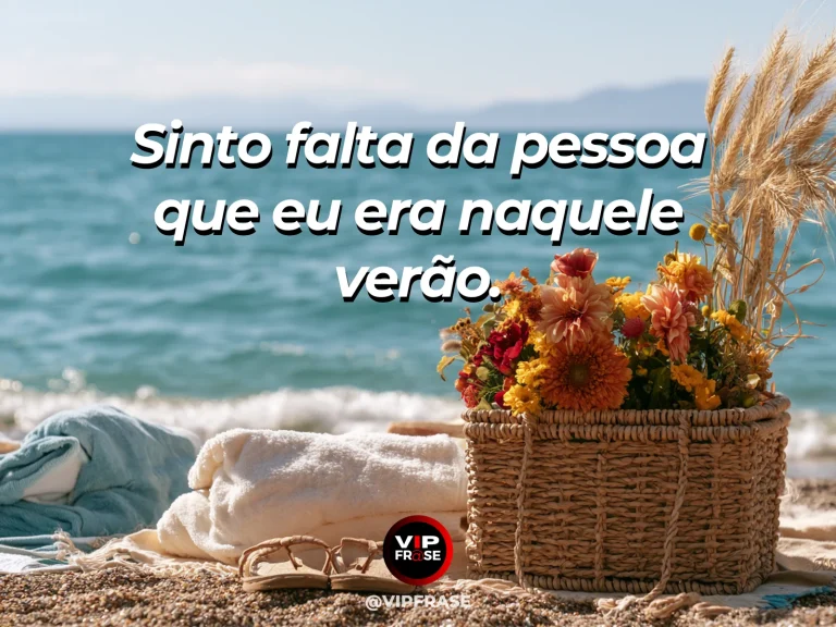 Arte de frase de saudade com praia clara com guarda-sol e flores coloridas.