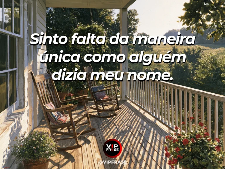 Frase de saudade sobre o nome que já não ouço, com jardim vivo com cadeira vazia ao lado de flores ao sol.