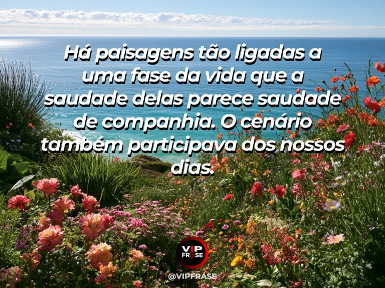 Arte de frase de saudade com lago cercado por flores com banco à sombra.