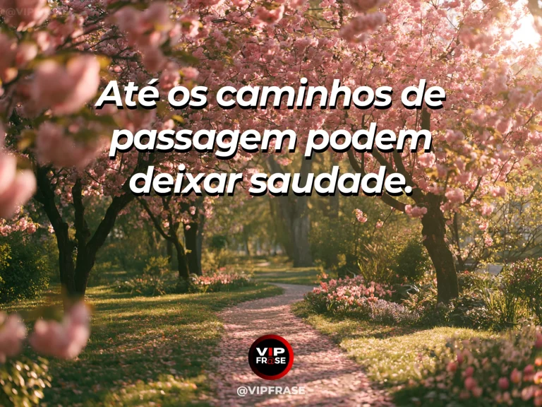 Arte de frase de saudade com trilha de pedras entre jardim colorido.