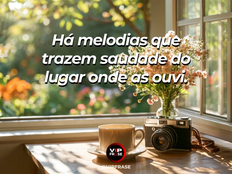 Frase de saudade sobre uma falta no meio da música, com vitrola antiga com flores em sala banhada pelo sol.