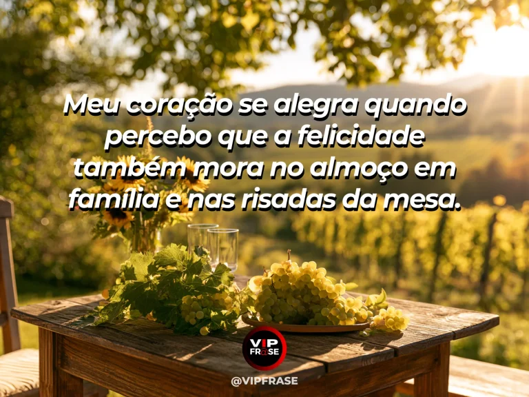 Frase de status sobre alegria do almoço em família com mesa de almoço no jardim com pratos coloridos e flores.