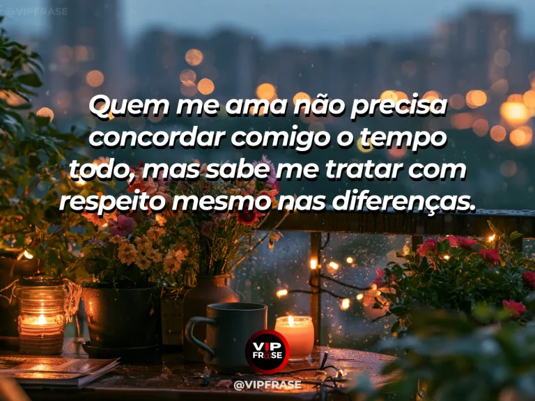 Frase para status sobre amor com respeito às diferenças, com duas pessoas conversando serenamente em varanda florida ao pôr do sol.