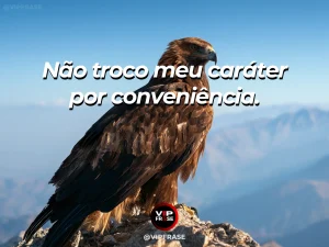 Frase de status sobre caráter acima da conveniência com rocha imponente sob céu limpo na costa do oceano.