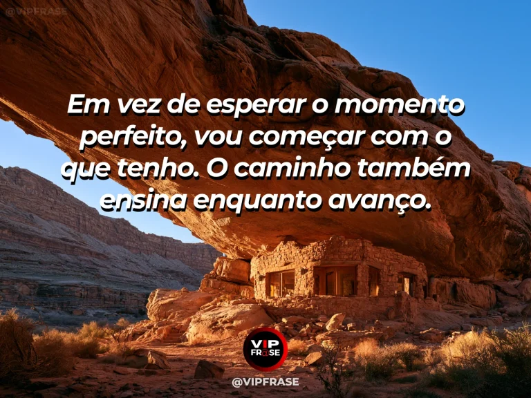 Frase para status sobre começar com o que tenho, com trilha rochosa saindo de vila colorida rumo a serra verde.