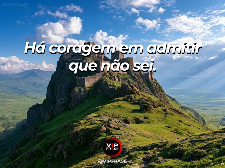 Frase de status sobre coragem para admitir dúvidas com biblioteca iluminada com livro aberto e janela para montanhas.