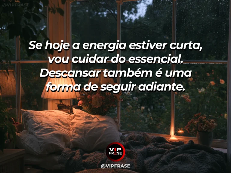 Frase para status sobre cuidar de si e descansar, com quarto luminoso com janela aberta e árvores verdes ao vento.