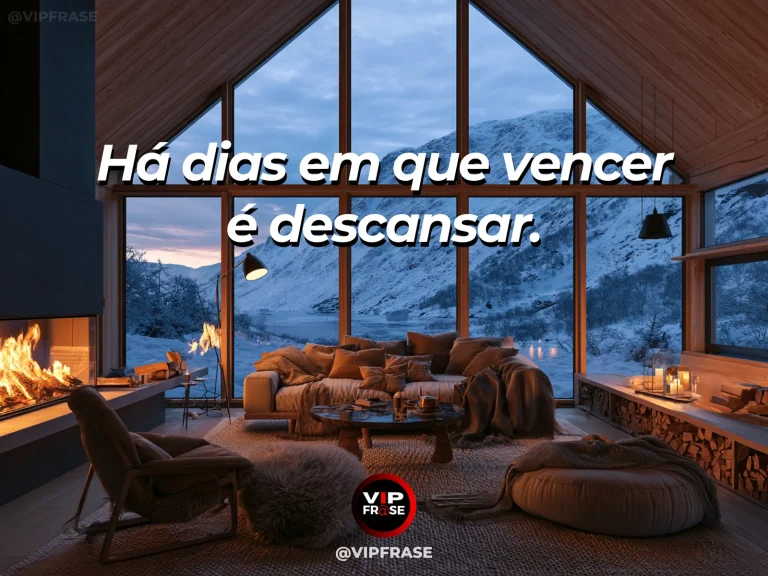 Frase para status sobre descanso também é vitória, com rede de tecido em varanda tropical luminosa com folhas verdes.