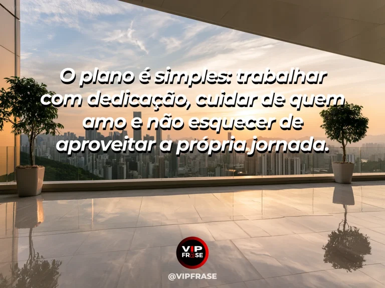 Frase de status sobre equilíbrio entre trabalho e vida com casa acolhedora com jardim e uma mesa de trabalho junto à janela.