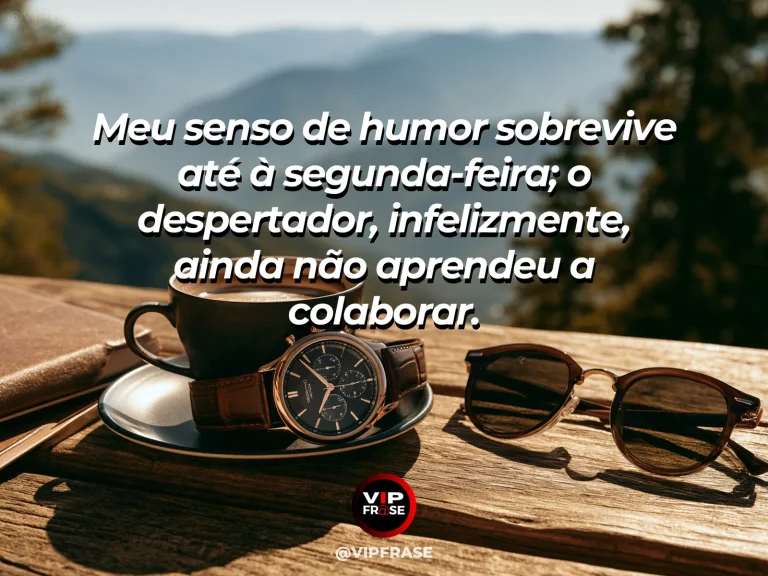 Frase para status sobre humor para enfrentar a segunda-feira, com despertador retrô em criado-mudo ao lado de café e flores.