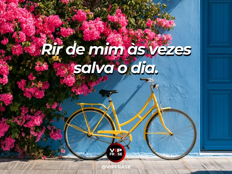 Frase de status sobre leveza para rir de si mesmo com bicicleta colorida com balões ao lado de parede vibrante.