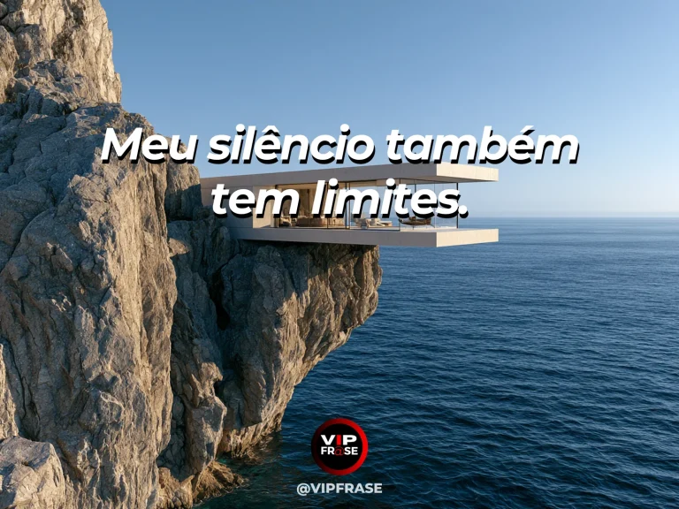 Frase para status sobre limites pessoais e silêncio, com penhasco costeiro com falésia firme sobre oceano azul brilhante.