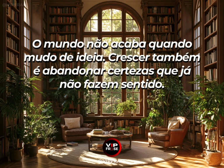 Frase para status sobre mudar de ideia também é crescer, com livro aberto ao lado de janela de frente para árvores floridas.