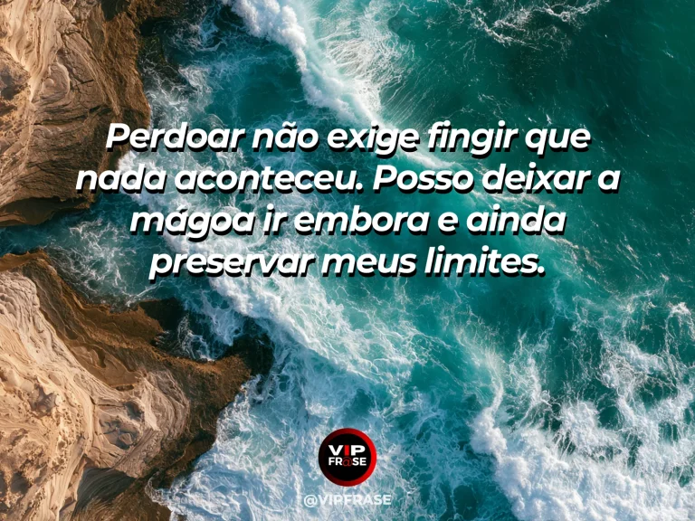 Frase para status sobre perdoar sem perder limites, com rio transparente correndo entre pedras suaves e árvores floridas.