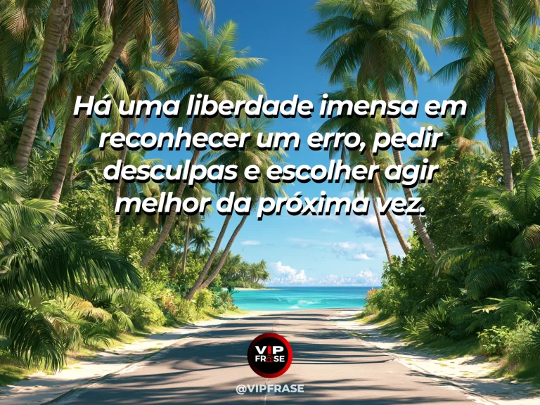 Frase de status sobre reconhecer erros e pedir desculpas com ponte de pedra conduzindo a campo ensolarado e florido.