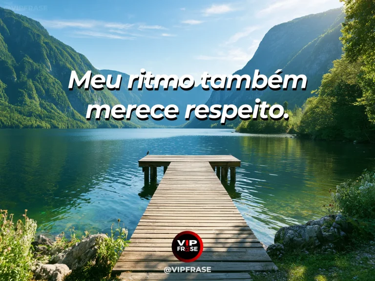 Frase de status sobre respeito ao próprio ritmo com caminho de pedras claras em jardim sereno.