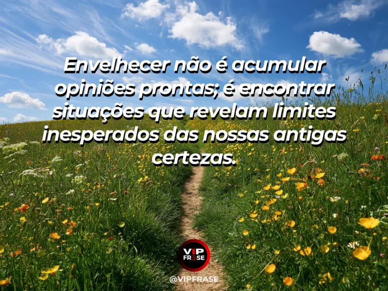 Frase sobre certezas revistas pela experiência, em uma cena com caminho com curvas entre árvores antigas e novas num vale verde sob céu aberto.