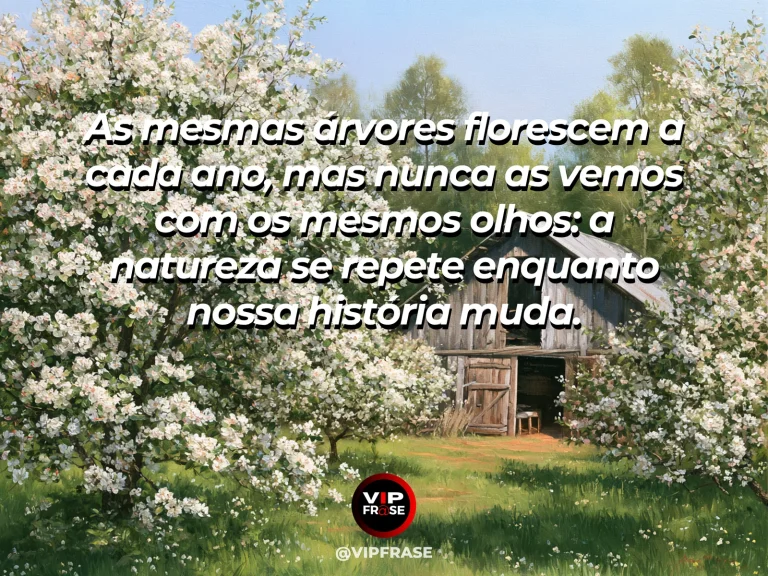 Frase sobre os ciclos da natureza e as mudanças pessoais, com alameda florida com cerejeiras adultas e flores frescas em primavera luminosa, profundidade suave e verde vivo.
