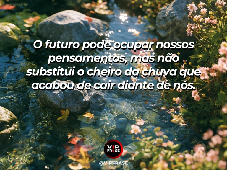 Frase sobre os pequenos acontecimentos do presente, com jardim recém-molhado pela chuva, pétalas coloridas com gotas, sol voltando a iluminar as folhas.
