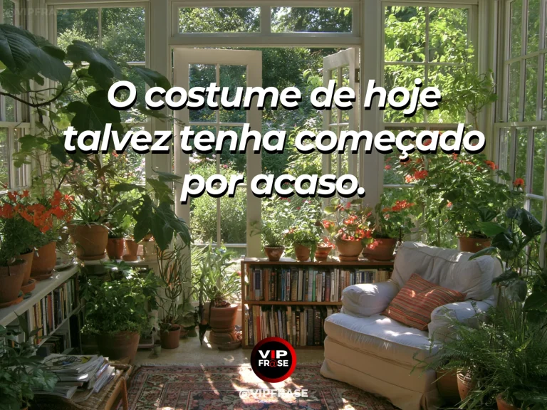 Frase sobre hábitos cotidianos que surgem por acaso, com cozinha luminosa com vaso de flores e frutas, detalhes de um ritual diário.