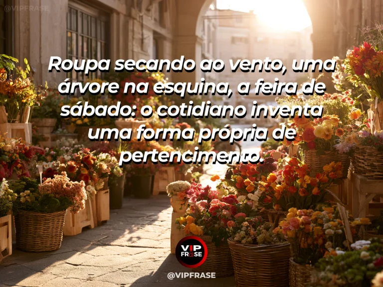 Frase sobre o pertencimento criado pelos detalhes cotidianos, com rua de bairro com feira de flores, roupa em varal distante, árvores verdes e céu ensolarado.