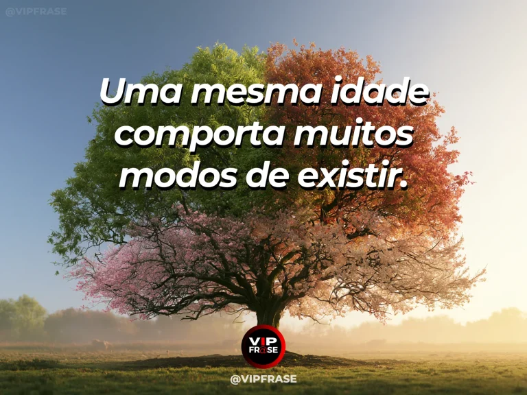 Frase sobre diferentes maneiras de viver a mesma fase, em uma cena com jardim diverso com árvores altas e jovens, flores variadas crescendo juntas.