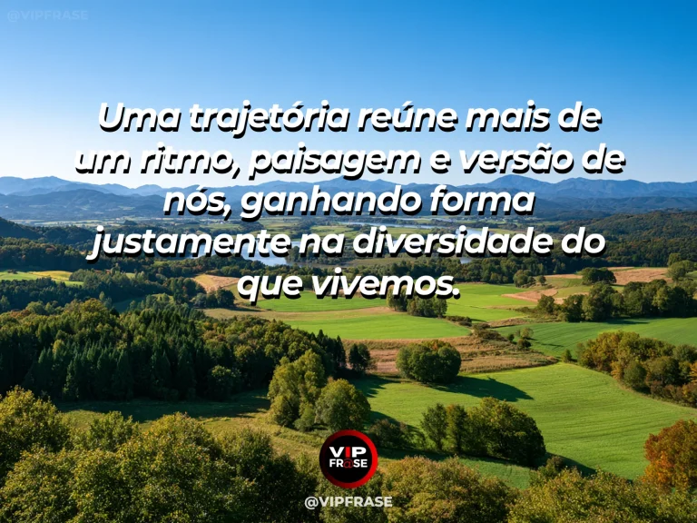 Frase sobre a diversidade de experiências numa trajetória, com vale panorâmico onde rio, trilhas, flores e montanhas criam camadas visuais distintas sob céu azul.