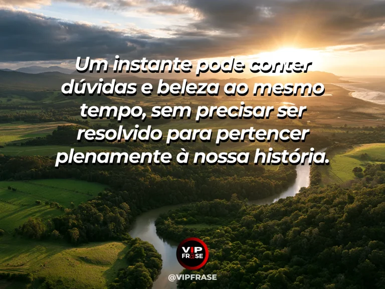 Frase sobre beleza e dúvidas convivem no mesmo instante, em uma cena com vale verde com raios de sol atravessando nuvens e flores brilhantes em primeiro plano.