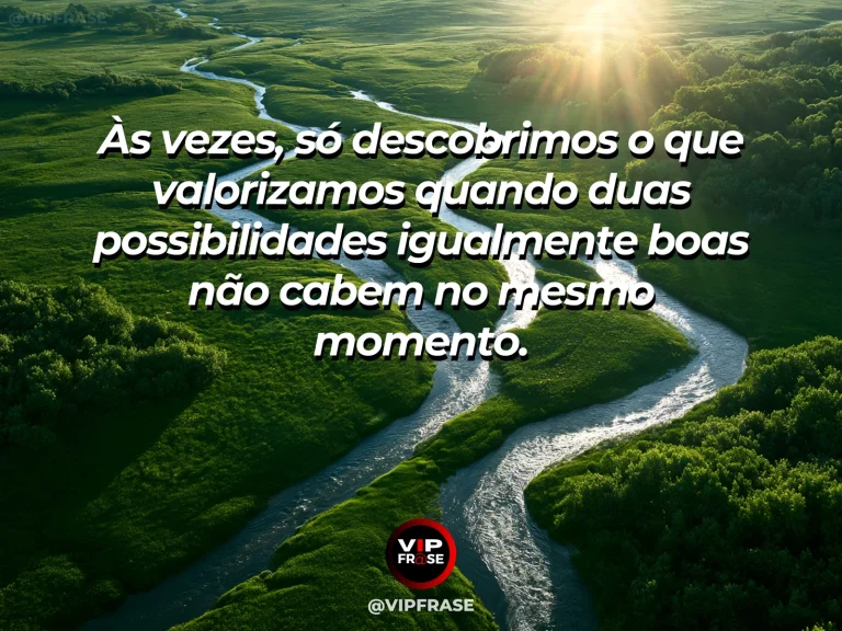 Frase sobre prioridades reveladas por boas escolhas, em uma cena com dois caminhos bonitos entre jardins floridos, cada um levando a uma paisagem diferente.