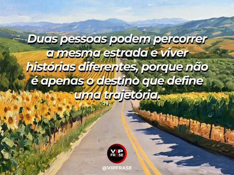 Frase sobre as histórias diferentes que existem no mesmo caminho, com estrada campestre extensa entre duas faixas de flores de cores diferentes, horizonte azul e montanhas suaves.
