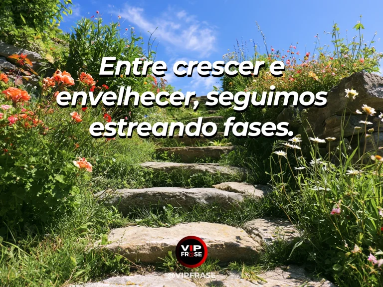 Frase sobre as novas fases de cada idade, com degraus de pedra cercados por flores vibrantes conduzindo a um jardim banhado pelo sol.