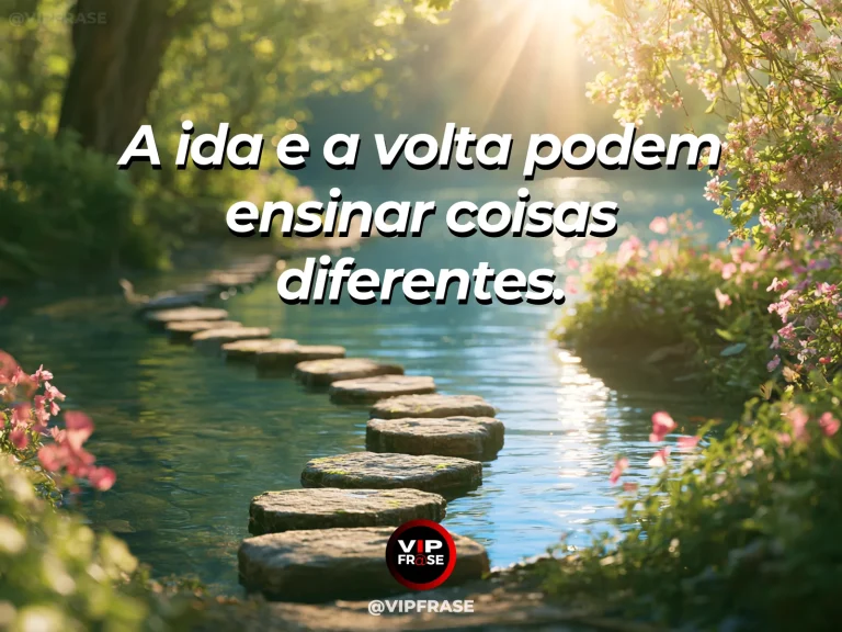 Frase sobre o aprendizado adquirido ao revisitar caminhos, com ponte de pedra sobre riacho de águas cristalinas, dois caminhos floridos nas margens.