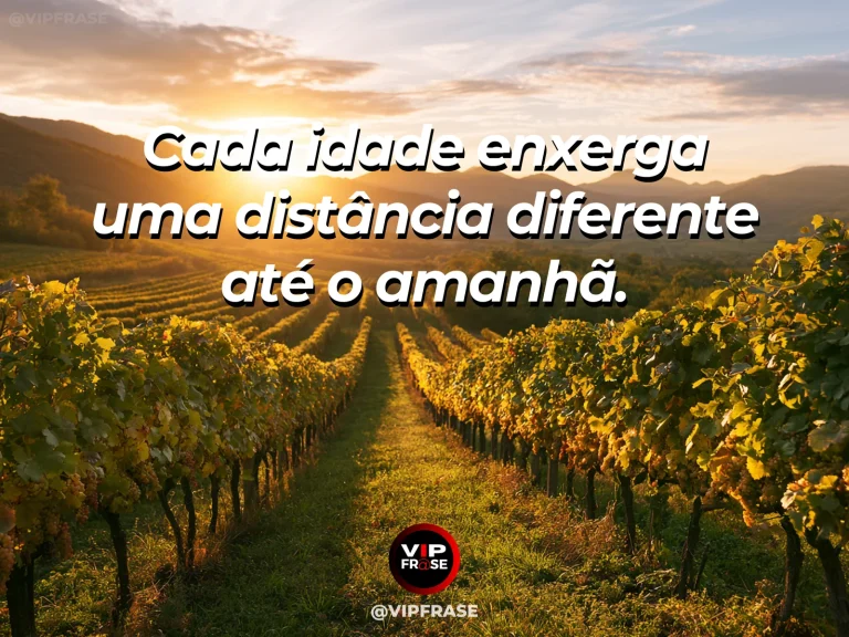 Frase sobre a percepção do amanhã em diferentes idades, com campo aberto com árvores de diferentes portes e colinas suaves levando a um horizonte azul.