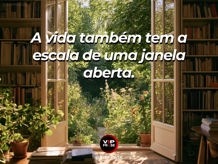 Frase sobre os instantes simples vistos pela janela, com janela ampla aberta para jardim ensolarado, vasos floridos, cortinas leves e brisa suave.