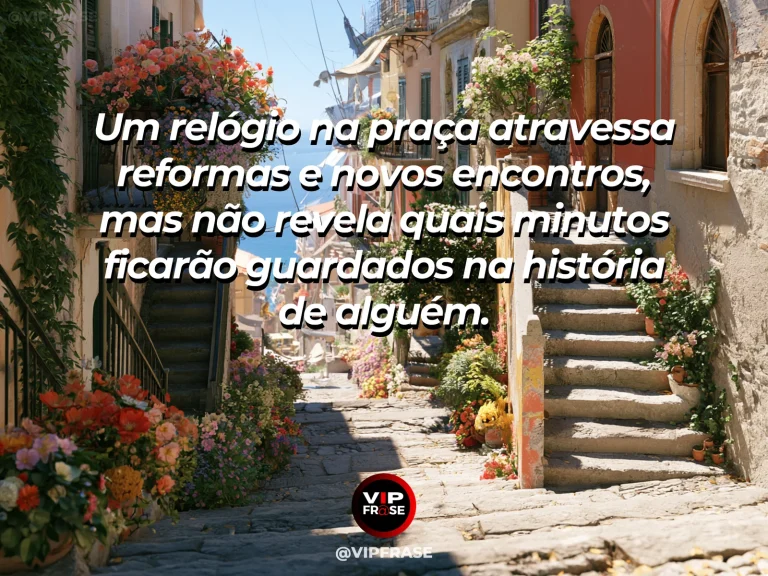 Frase sobre os minutos especiais que marcam uma trajetória, com relógio histórico em praça europeia florida, bancos de pedra e árvores ao sol.